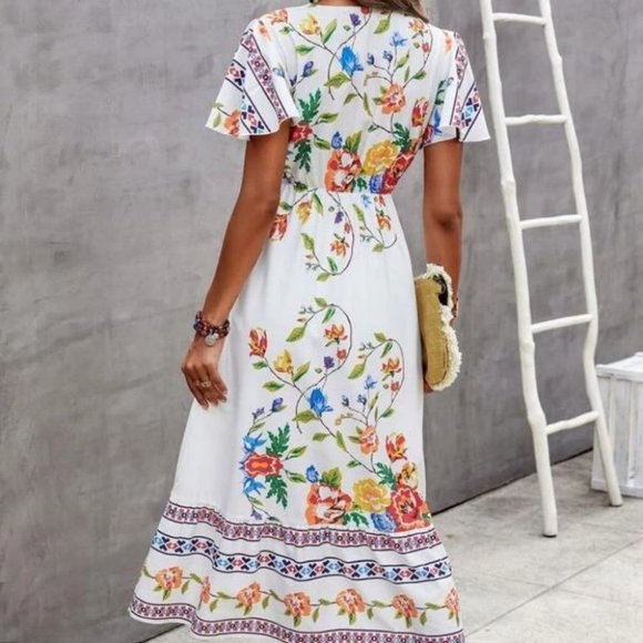 Overlap Collar Flutter Sleeves Tied Front Floral Midi Dress white - Picture 5 of 5